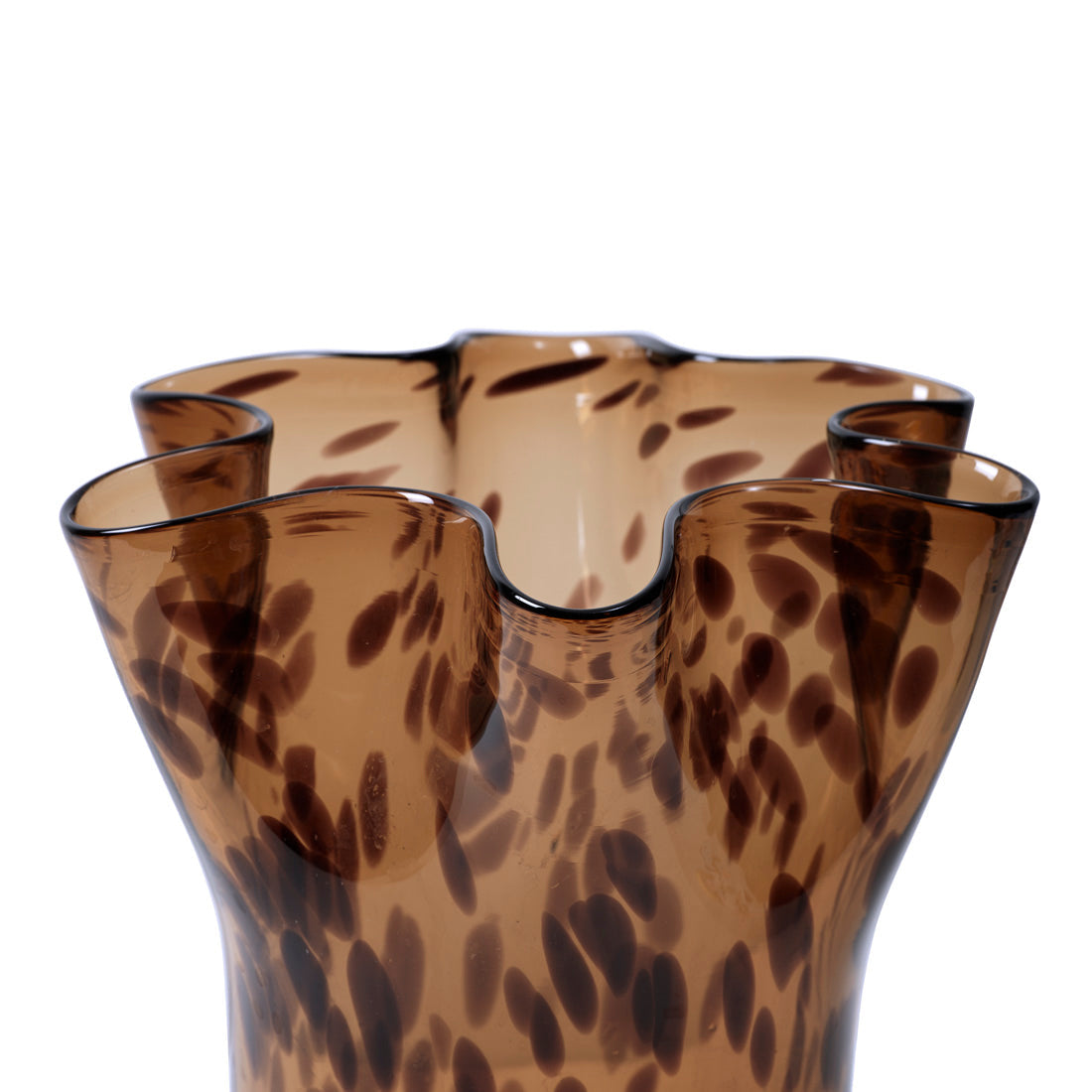 Close-up of the Liva Vase Large showing the frilled wavy rim and tortoiseshell pattern