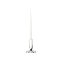 Small silver Maro candle holder holding a white taper candle