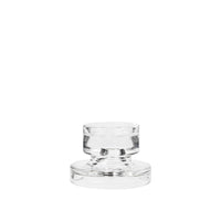 Petra clear glass candle holder from a raised angle, showing the stepped glass base