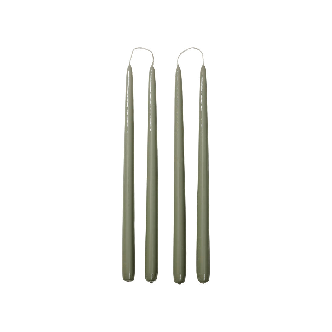 Four Broste Copenhagen Smooth Glossy Taper Candles in Sage Green on a white background