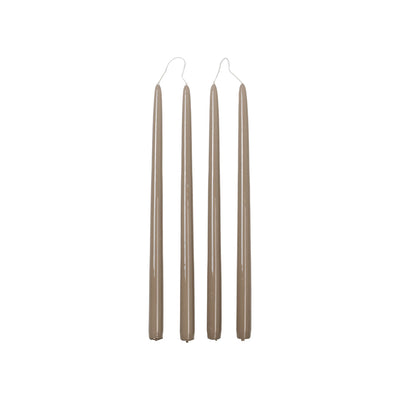 Four Broste Copenhagen Smooth Glossy Taper Candles in Taupe (Linen) on a white background