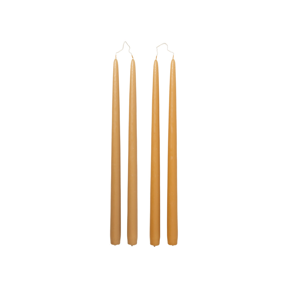 Four Broste Copenhagen Smooth Taper Candles in matt golden yellow on a white background