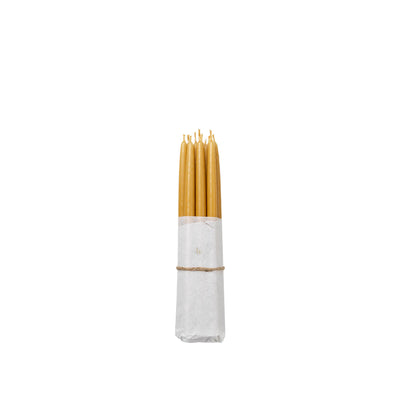 Bundle of ten Broste Copenhagen thin golden yellow taper candles tied with jute string