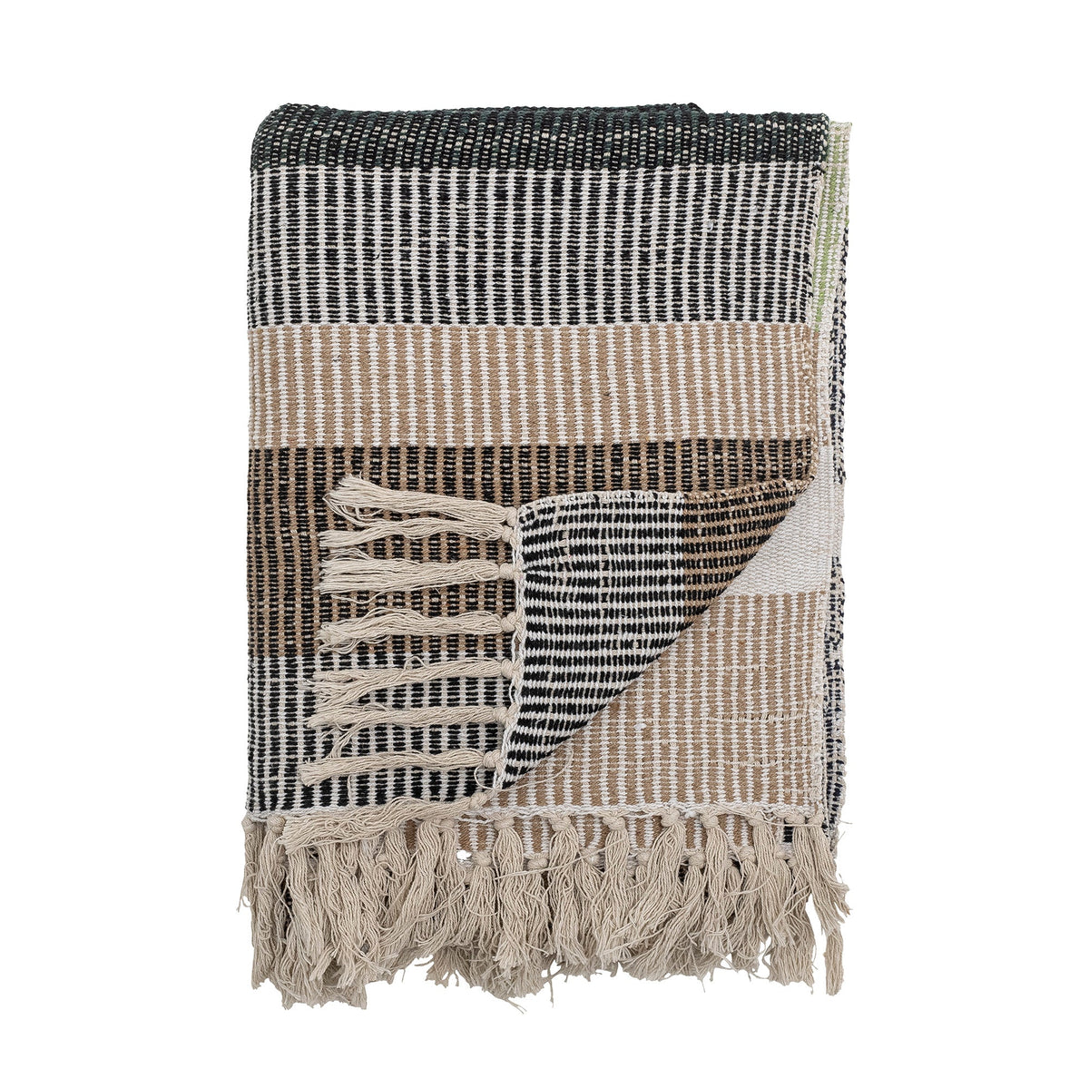 Woven brown and green recycled cotton folded throw with fringes