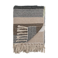 Woven brown and green recycled cotton folded throw with fringes