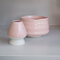 pastel pink chasen naoshi ceramic whisk stand with matching matcha bowl
