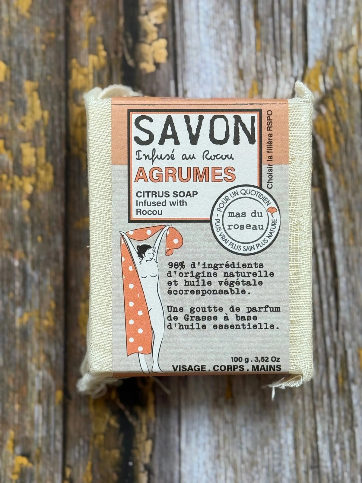 Citrus and Rocou Provençal soap by Mas du Roseau wrapped in cotton gauze, 100g