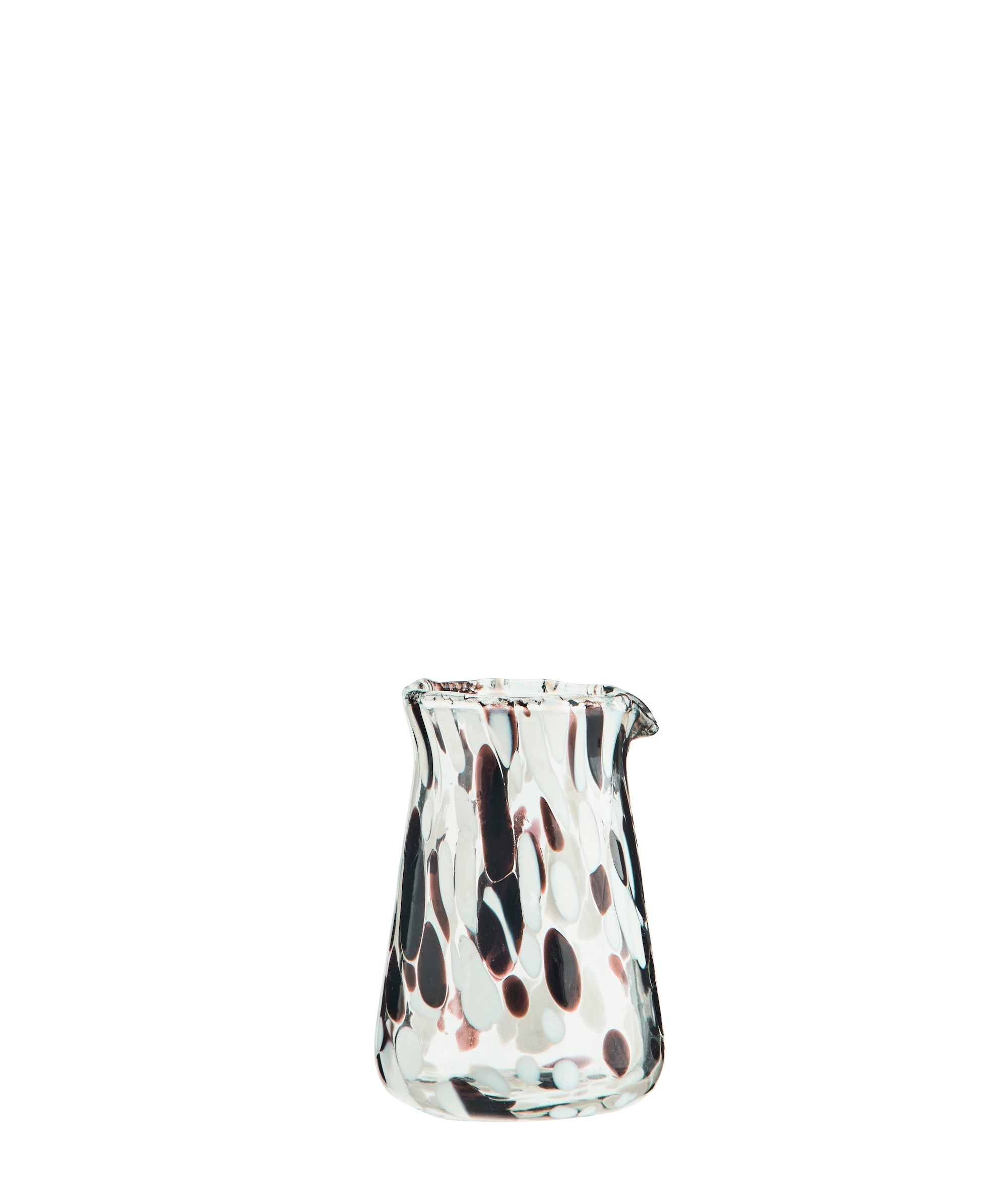 handmade glass milk jug with brown and white speckled pattern
