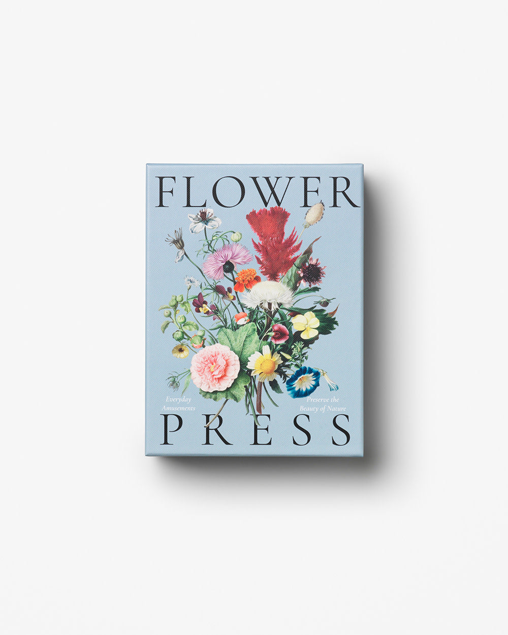 Blue floral box reading ‘Flower Press’ on white background