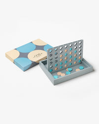 Open wooden Four in a Row game with blue and beige discs