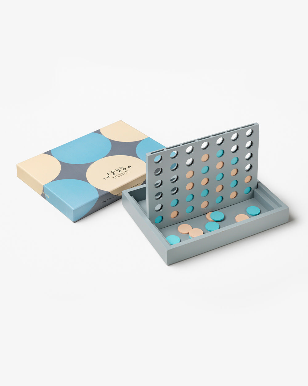 Open wooden Four in a Row game with blue and beige discs