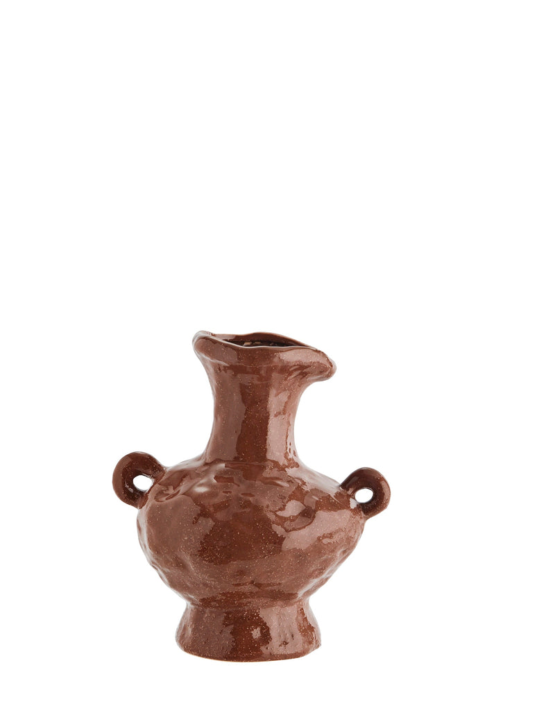 large brown stoneware vase with artistic handles and glossy glaze
