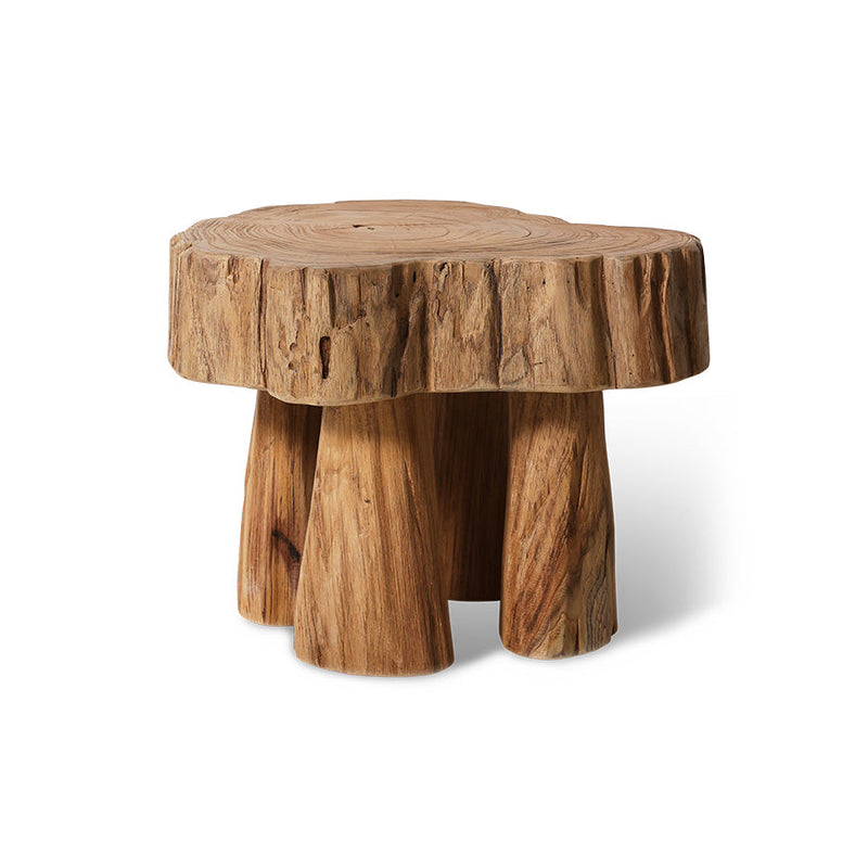 HKLIVING log wooden stool in solid teak, front view on a white background