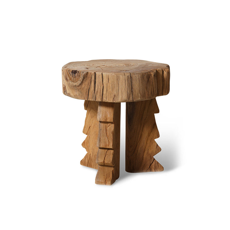 HKLIVING carved wooden stool in solid teak, front view on a white background