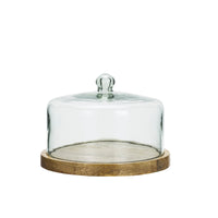 clear glass cloche with natural mango wood base for cakes and food display