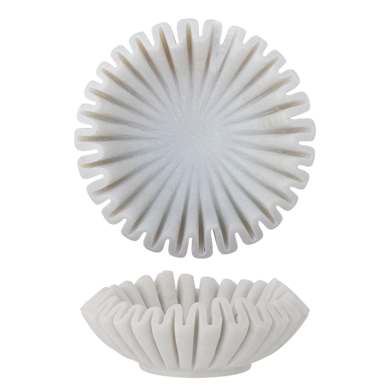 Hand-carved white marble bowl with sculptural rippled edges by Bloomingville