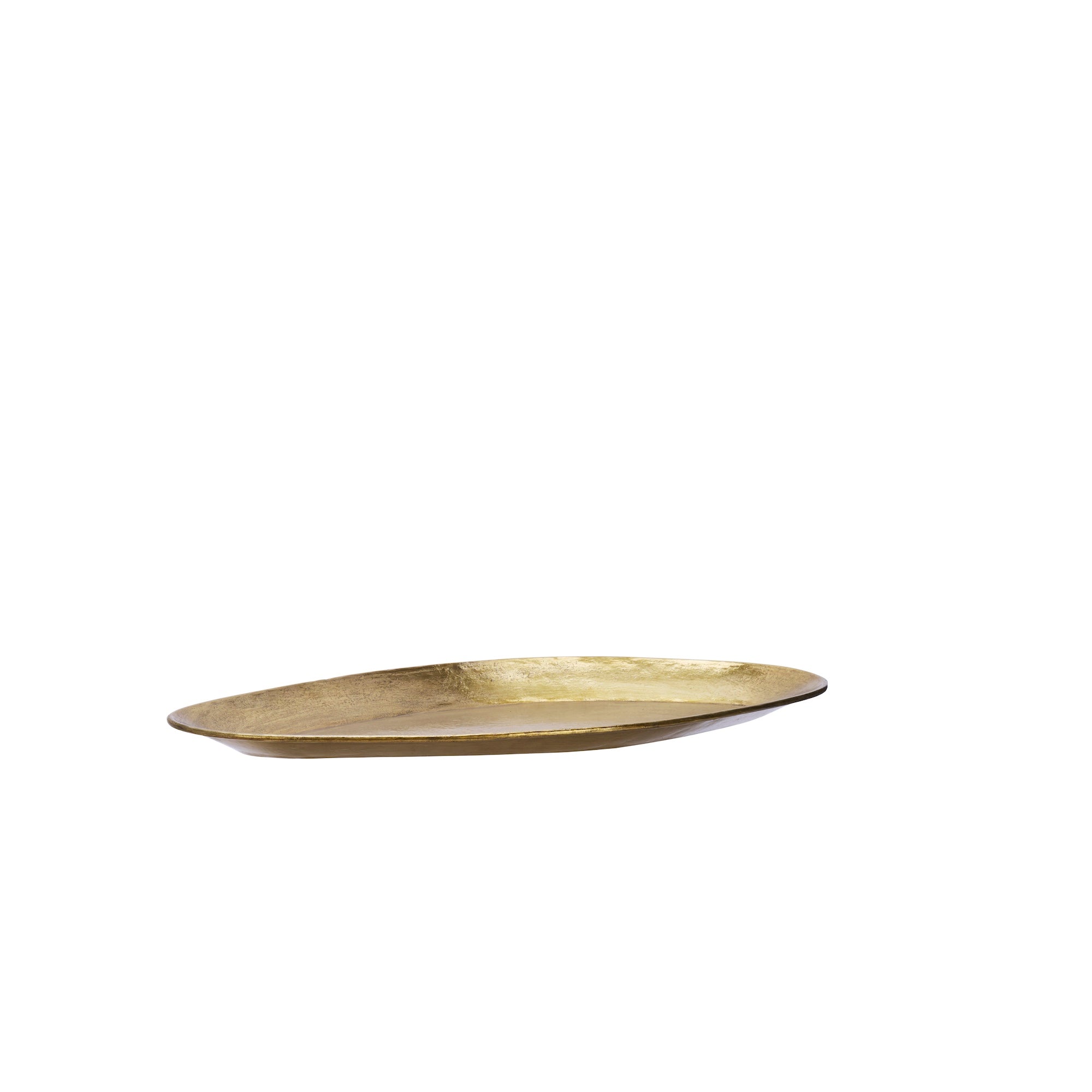 side profile of hand hammered brass aluminium tray showing organic shape
