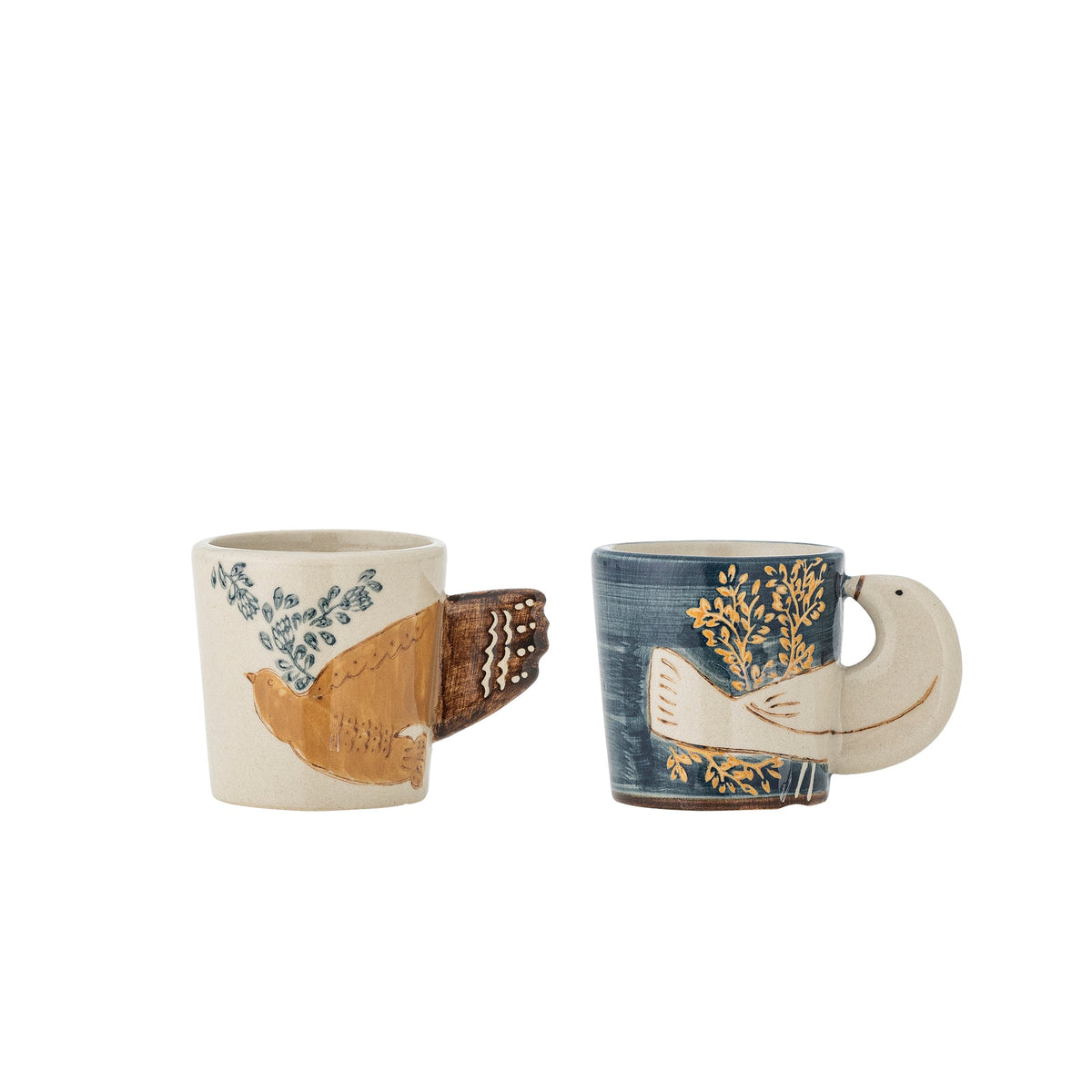 Set of two Hezha stoneware espresso cups with sculpted bird wing handles by Bloomingville.