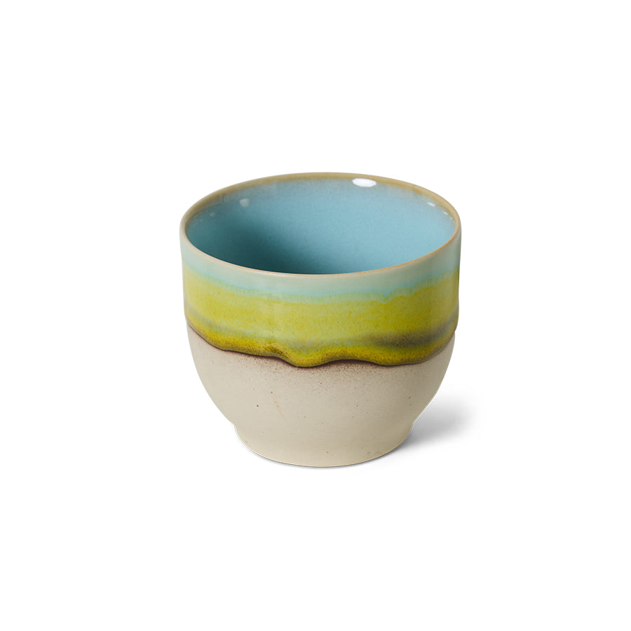 assorted HKLIVING 70s ceramics café cups in mixed colours arranged together
