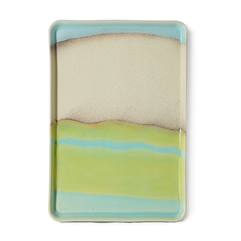 HKLIVING 70s ceramics glint large tray with blue lime and cream colour block glaze