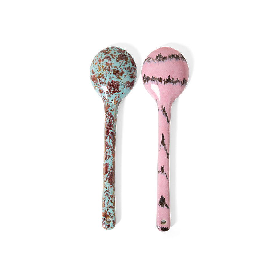 close up of hkliving 70s ceramic serving spoon showing textured hand painted glaze
