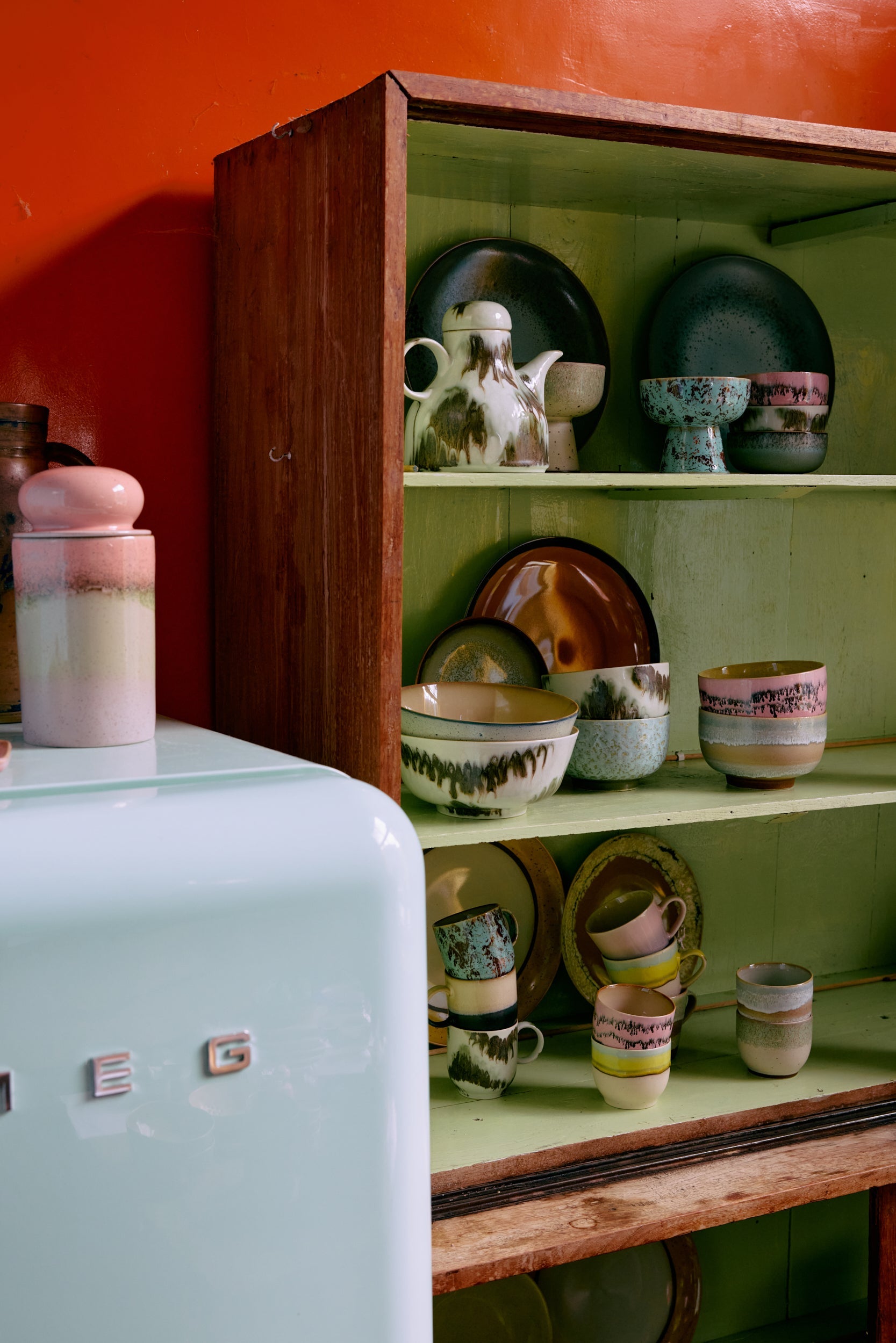 HKLIVING 70s ceramics tide coffee pot styled on a colourful kitchen shelf
