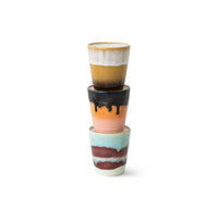 Stack of HKLIVING 70s ceramics candles in mustard, pink and turquoise mugs – festive limited edition
