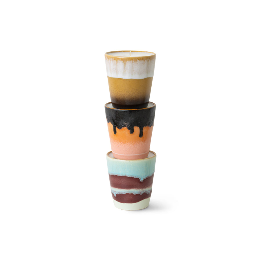 Stack of HKLIVING 70s ceramics candles in mustard, pink and turquoise mugs – festive limited edition
