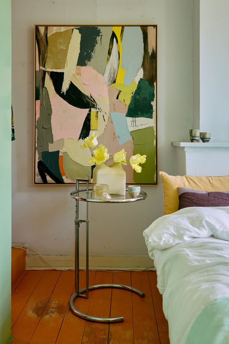 HKLIVING ‘Colour Cult’ framed abstract adding soft, textured colour to a bedroom wall.
