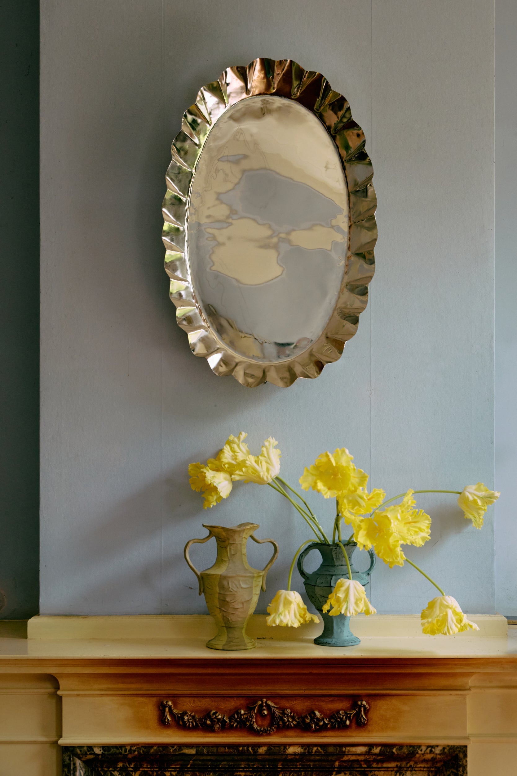 large HKLIVING cream striped vase with yellow flowers on mantel for statement home styling
