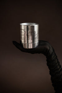 HKLIVING Frosted Leaves candle tin held in black gloves – 70s Ceramics Christmas Special