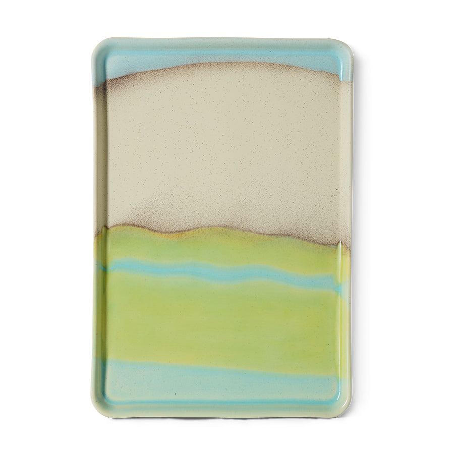 large stoneware glint tray by HKLIVING showing colourful fluid glaze for playful serving
