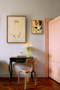 lime HKLIVING table lamp base styled on vintage desk with ivory pleated shade and artwork