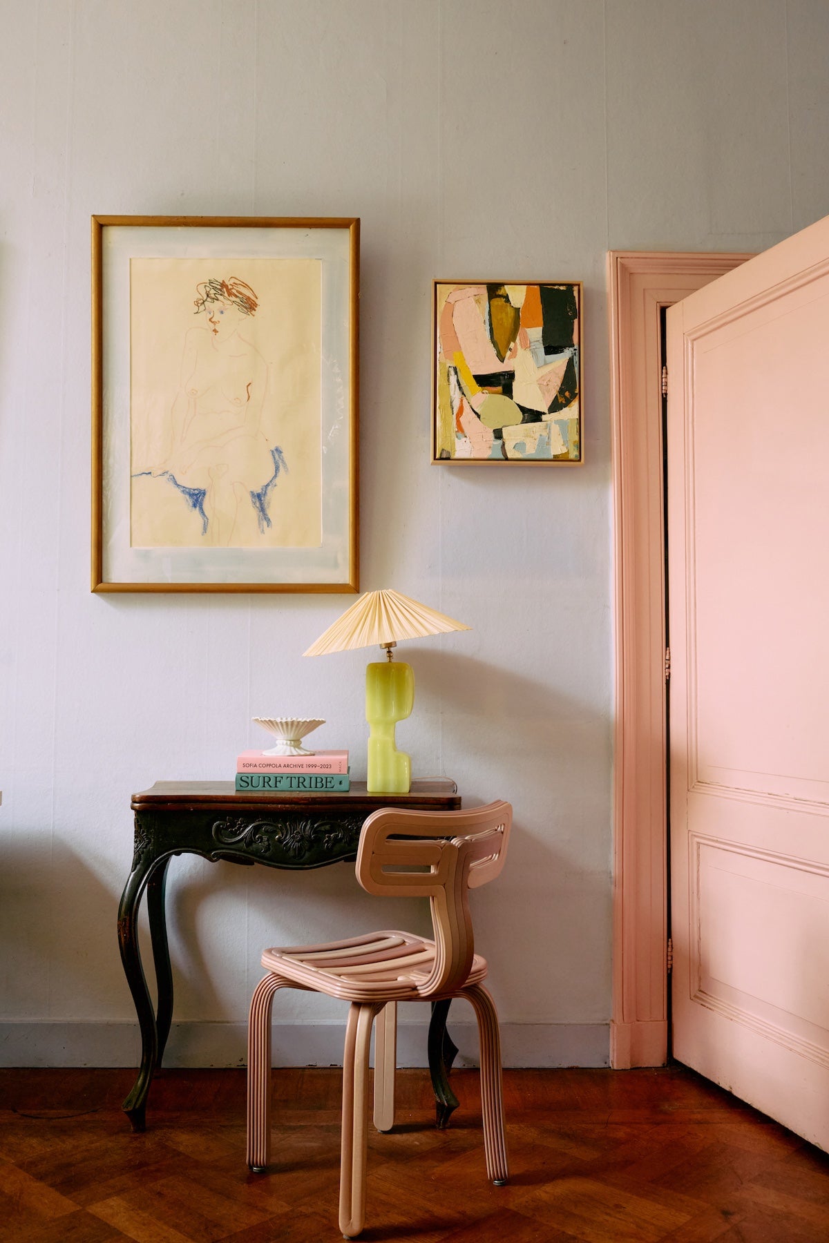 lime HKLIVING table lamp base styled on vintage desk with ivory pleated shade and artwork