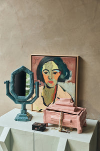 Self-Made framed artwork by HKLIVING styled on a sideboard with colourful decorative objects