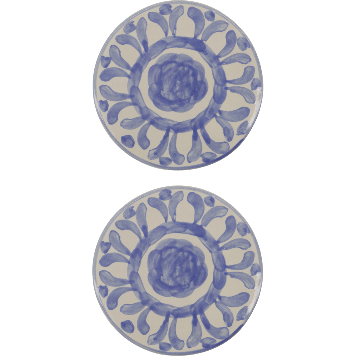 Set of two round ceramic serving boards with hand-painted blue patterns by House Doctor
