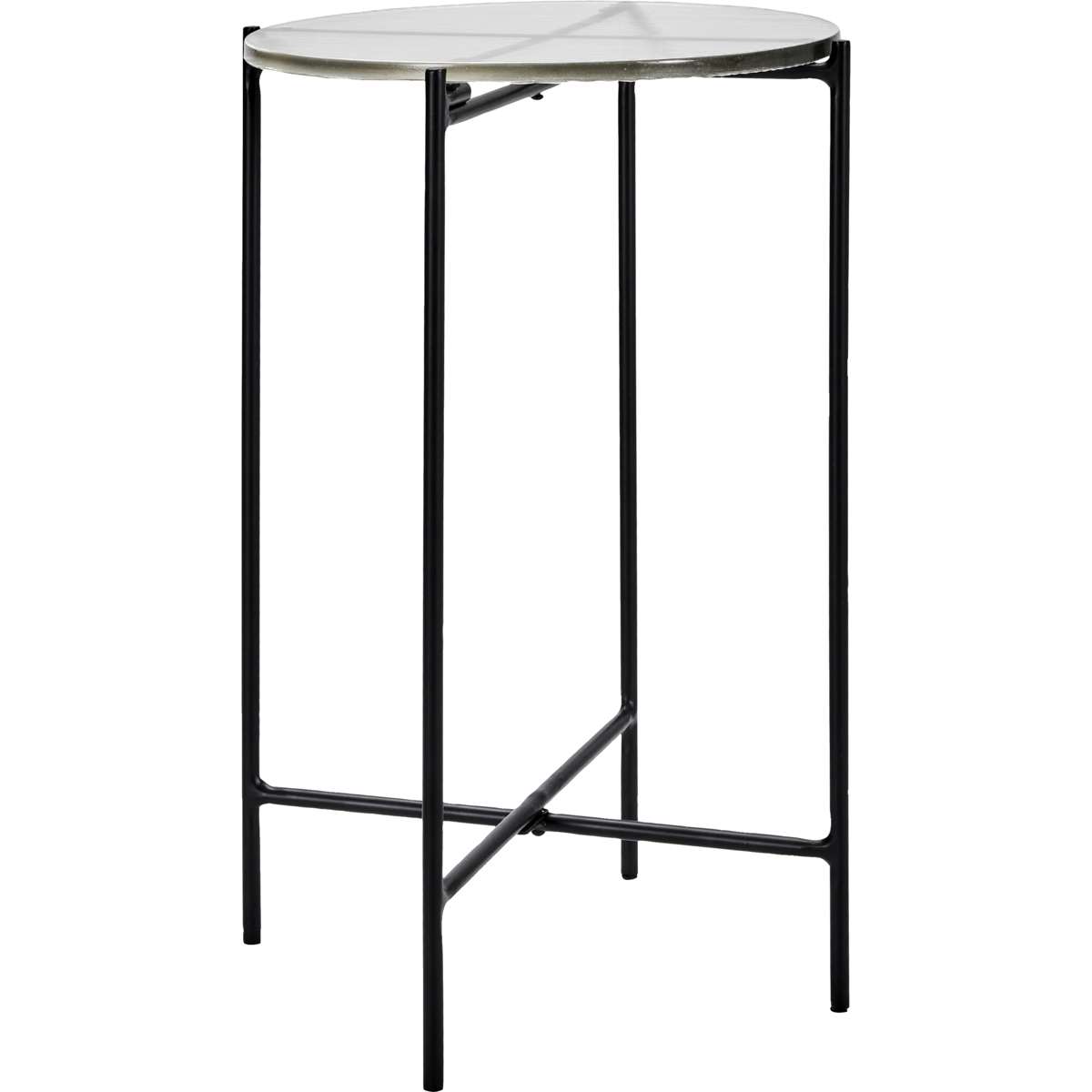 Angled view of the Tamu side table showing thin black frame and translucent glass surface
