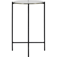 Front view of the Tamu side table by House Doctor with black iron frame and round glass top
