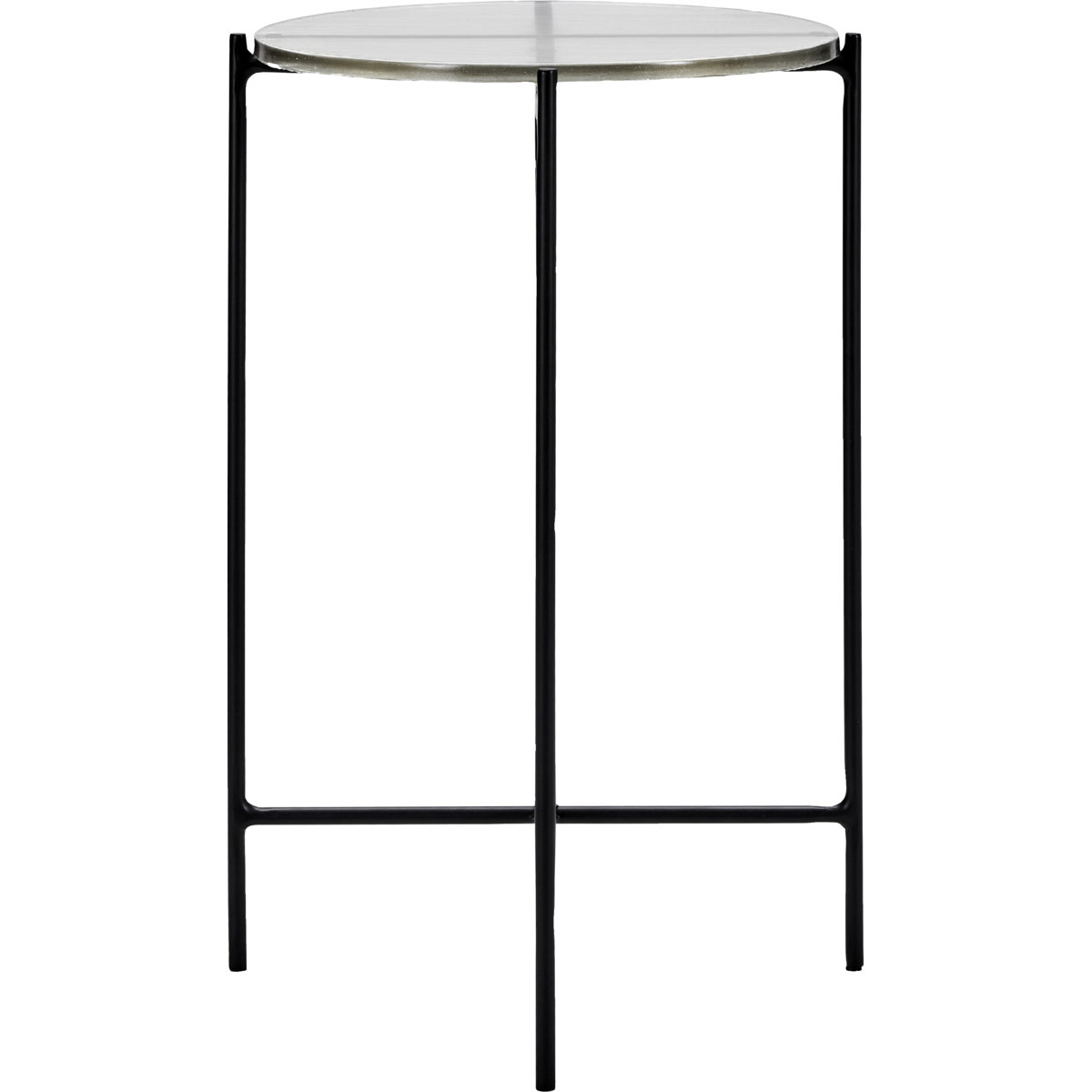 Front view of the Tamu side table by House Doctor with black iron frame and round glass top
