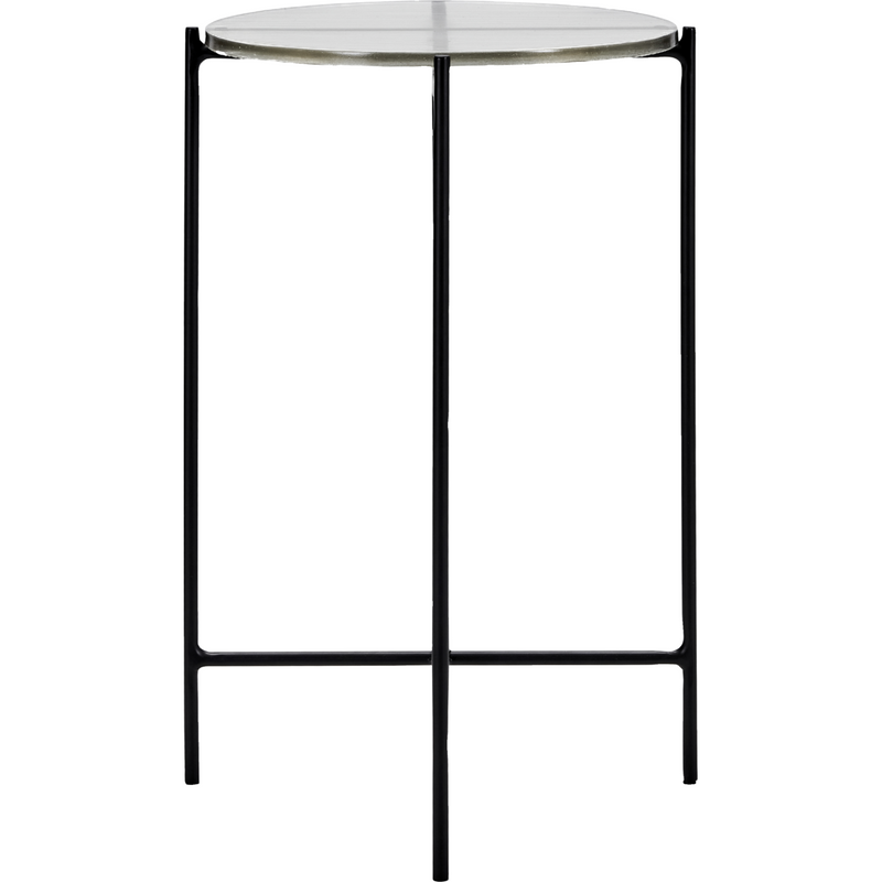 Front view of the Tamu side table by House Doctor with black iron frame and round glass top

