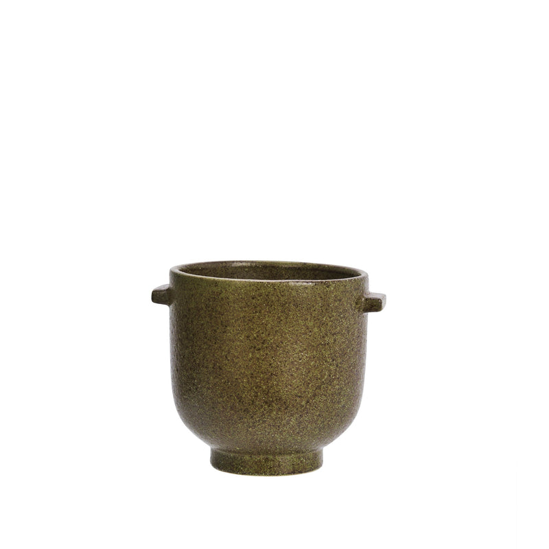 close-up of textured olive stoneware surface and handle detail
