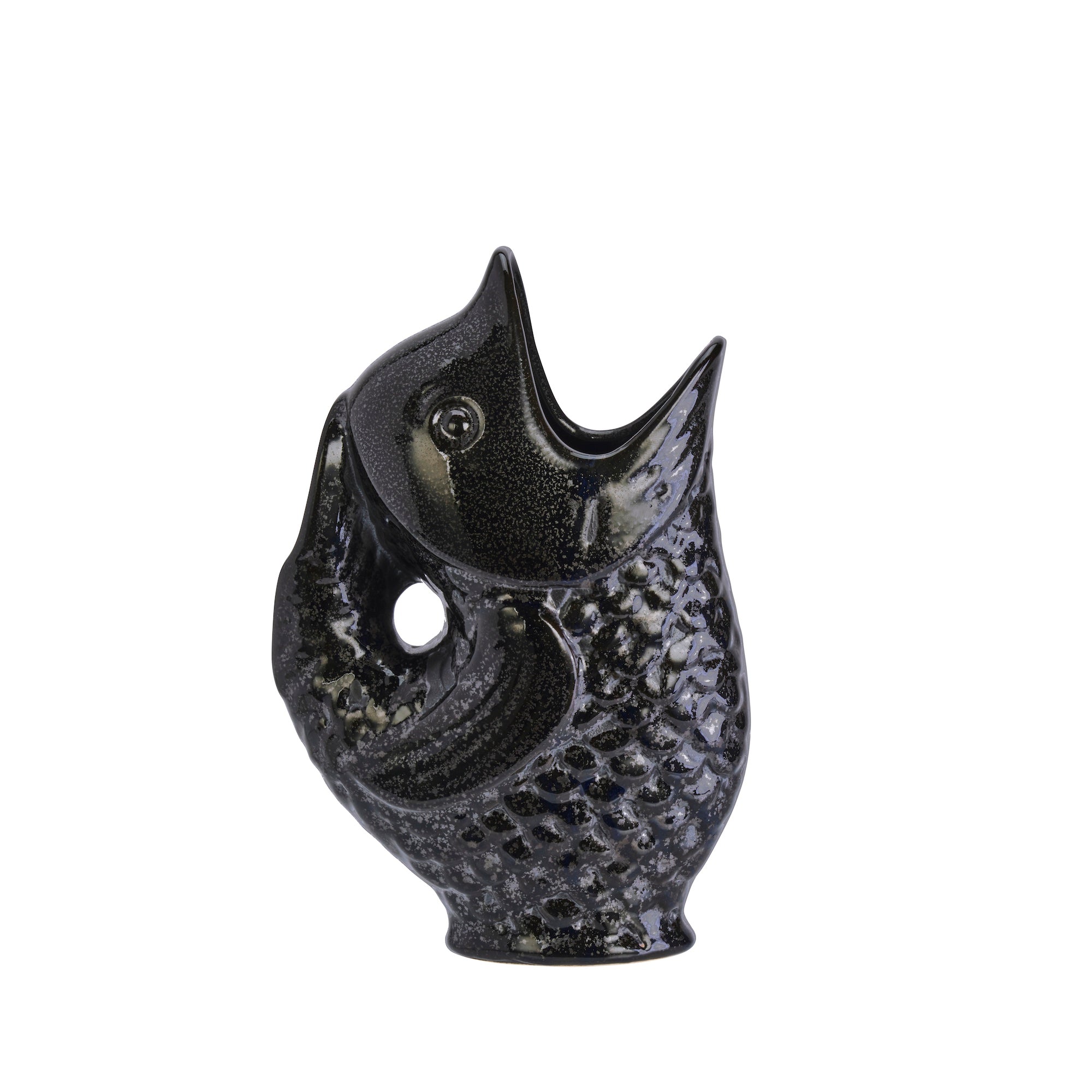 black stoneware fish vase gluggle jug with glossy glaze on white background
