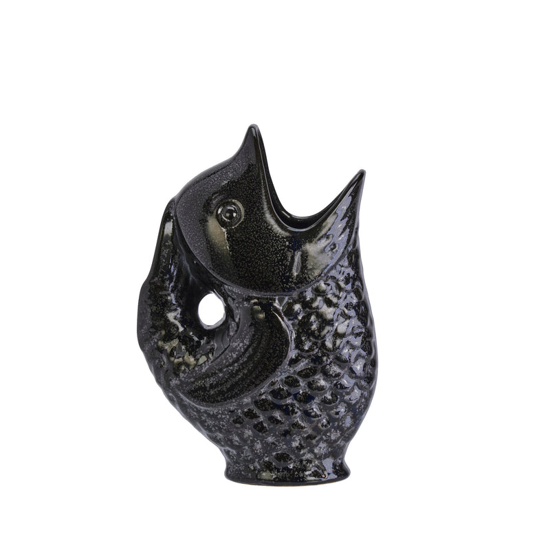 black stoneware fish vase gluggle jug with glossy glaze on white background
