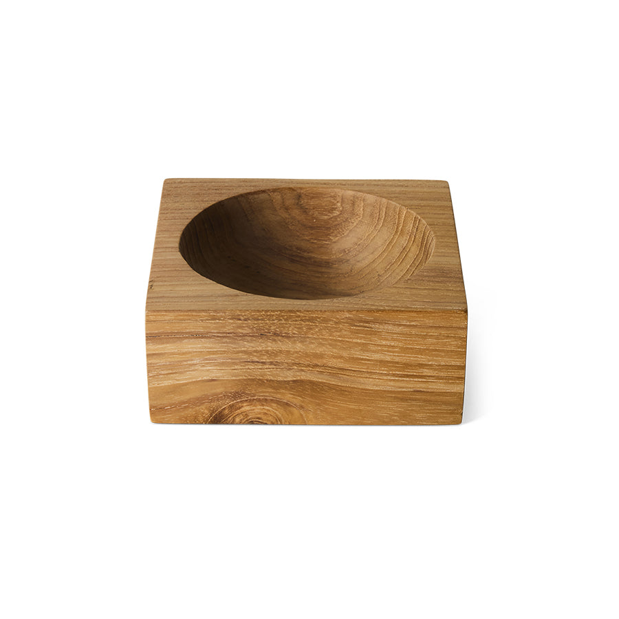 Small HKLIVING teak cube bowl on white background, angled top-down view