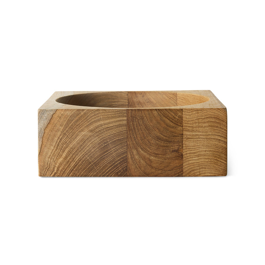 HKLIVING medium teak cube bowl on white background, front view