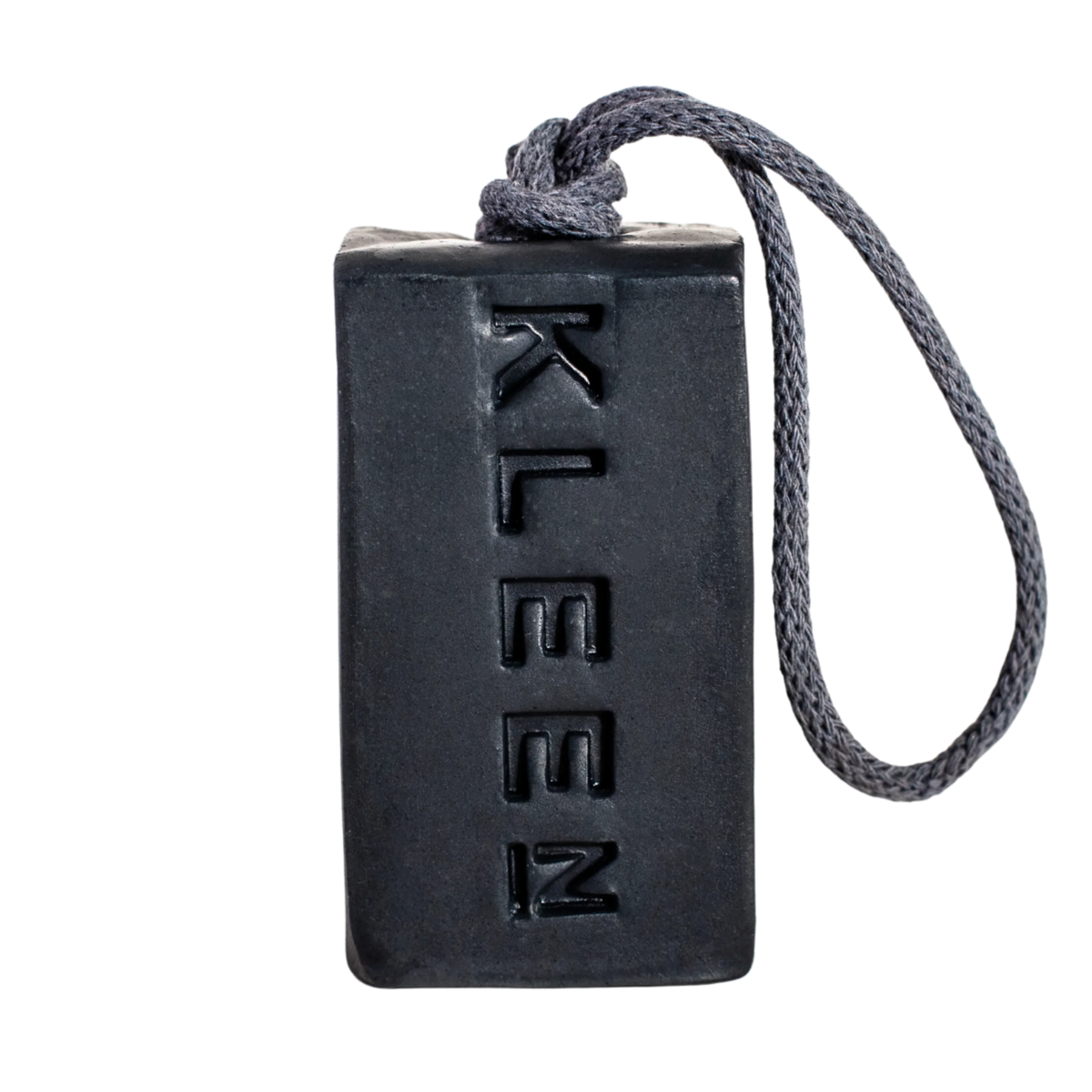 KLEEN Blue Velvet soap bar embossed with the KLEEN logo, hanging from its cotton rope
