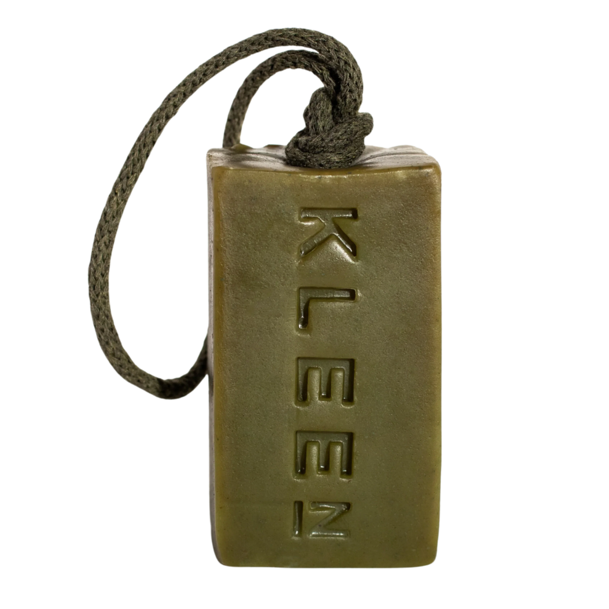 Olive green KLEEN Morning Glory soap bar hanging from its cotton rope against a black background