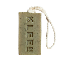 KLEEN Woodstock soap bar embossed with the KLEEN logo, hanging from its cotton rope