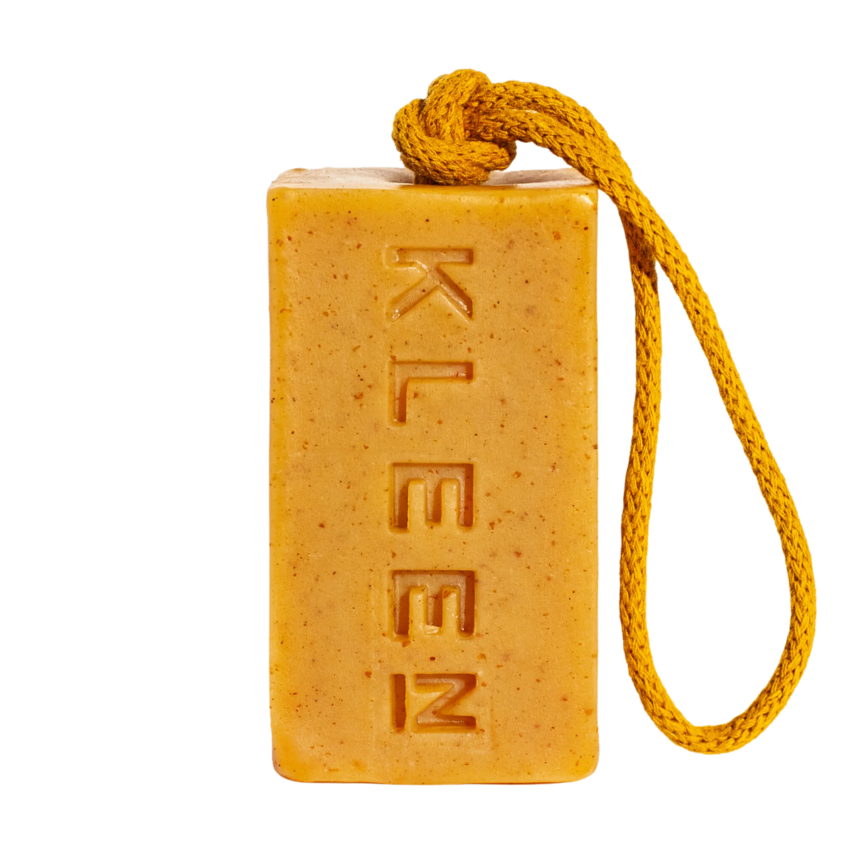 Yellow Mellow turmeric soap on a rope by KLEEN, a yellow bar with exfoliating flecks hanging from a yellow cotton rope