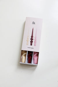 &klevering candle alpha reds set presented in a gift box of three spiral tapers
